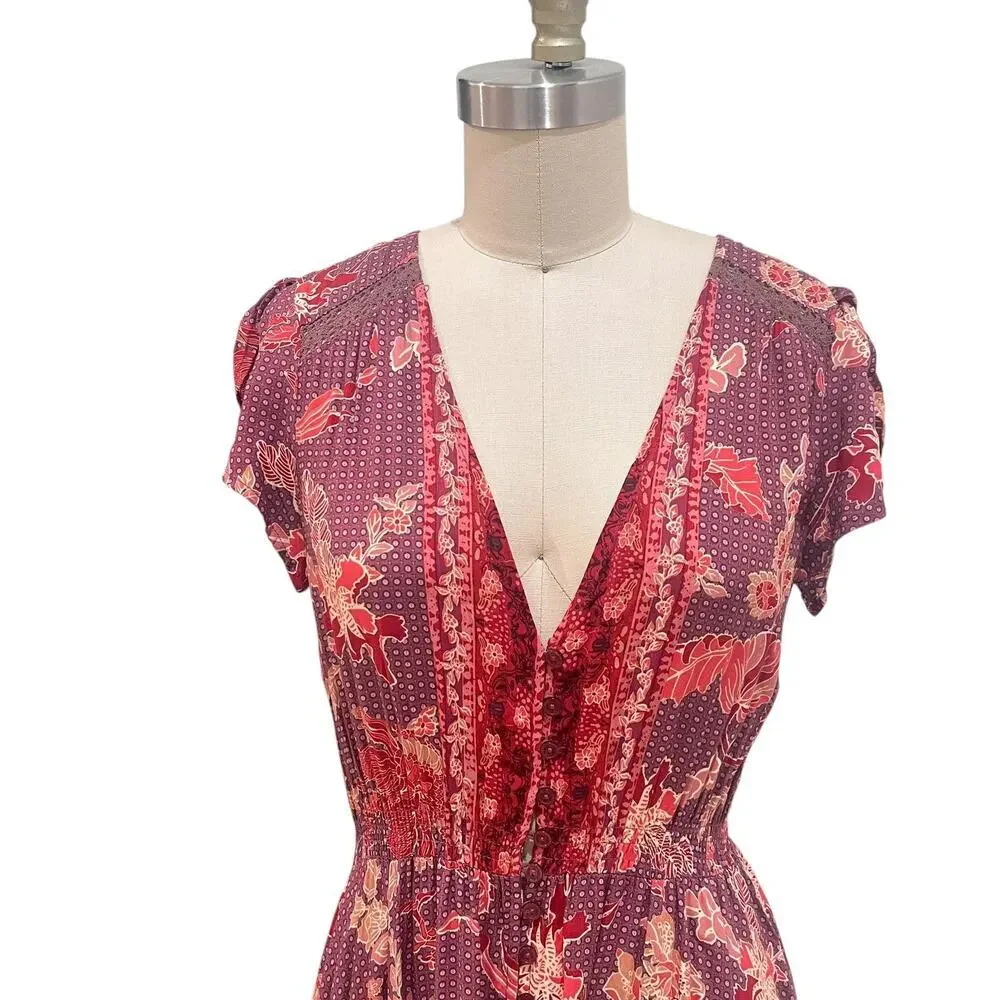 Jasse Dress Womens Medium Purple Floral Boho Maxi V Neck Ruffle Hem Lace Trim - Picture 5 of 12